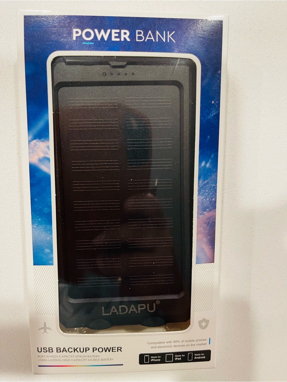 Black Solar Power Bank 20000mAh - USB Backup Portable Charger